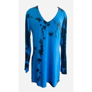 Go Couture Women X-Large Blue/Black Tie Dye Long Sleeve V-Neck Tunic Dress